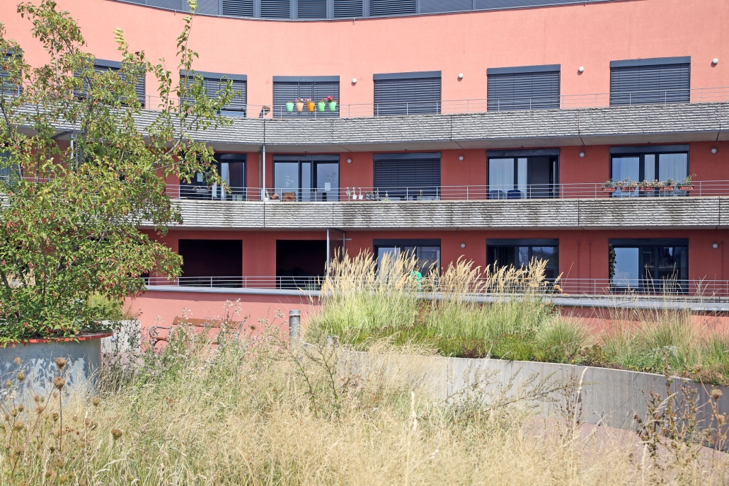 Gartenansicht mit Blick auf Balkone des Pflegehaus Meidling