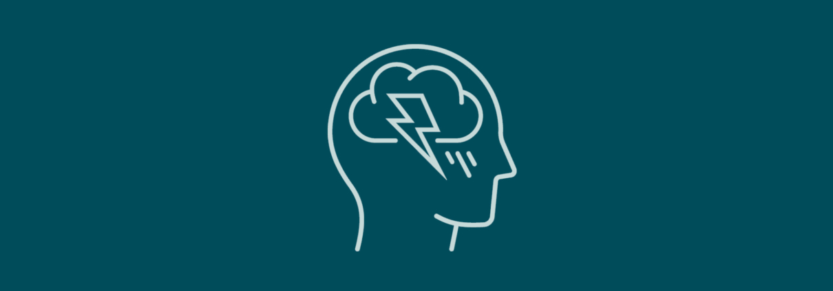 Grafik zeigt Kopf im Profil mit Gewitterwolken im Gehirn