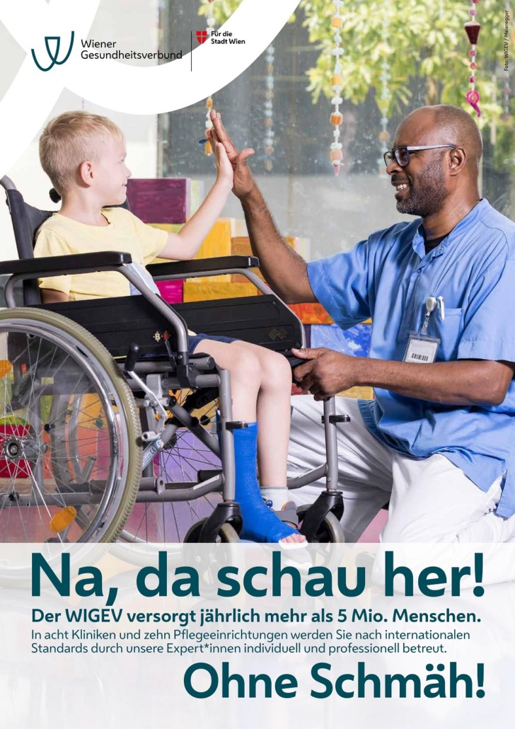 Patient*innensicherheit Plakat 2024 Pfleger mit verletztem Kind im Rollstuhl