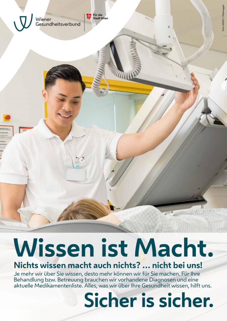 Patient*innensicherheit Plakat 2024 Pflegeperson stellt Röntgengerät ein Patientin liegt auf der Behandlungsliege